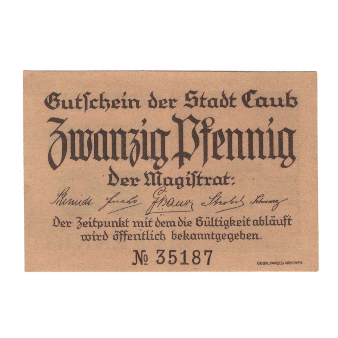 Geldschein, Deutschland, Caub Stadt, 20 Pfennig, Maison, 1920, VZ+, Mehl:C10.1a