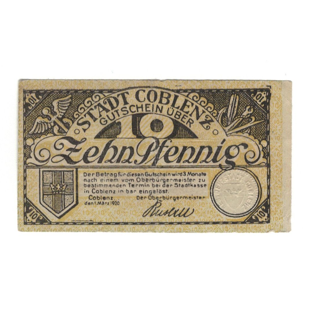 Banknot, Niemcy, Coblenz Stadt, 10 Pfennig, valeur faciale 1, 1920, UNC(60-62)