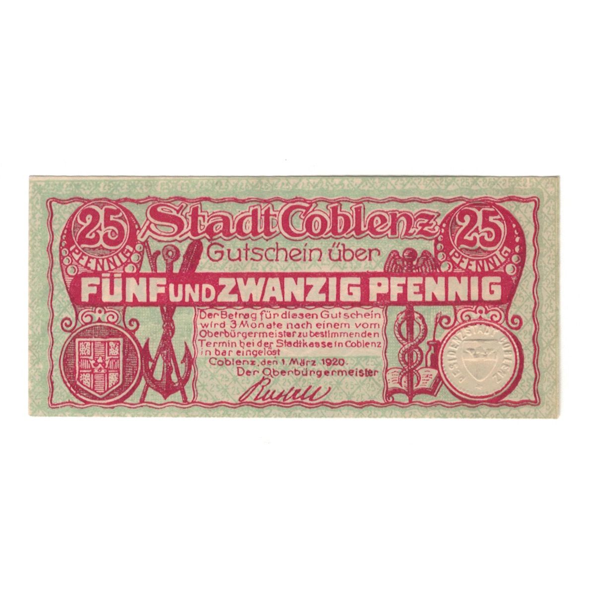 Geldschein, Deutschland, Coblenz Stadt, 25 Pfennig, valeur faciale 1, 1920, VZ+