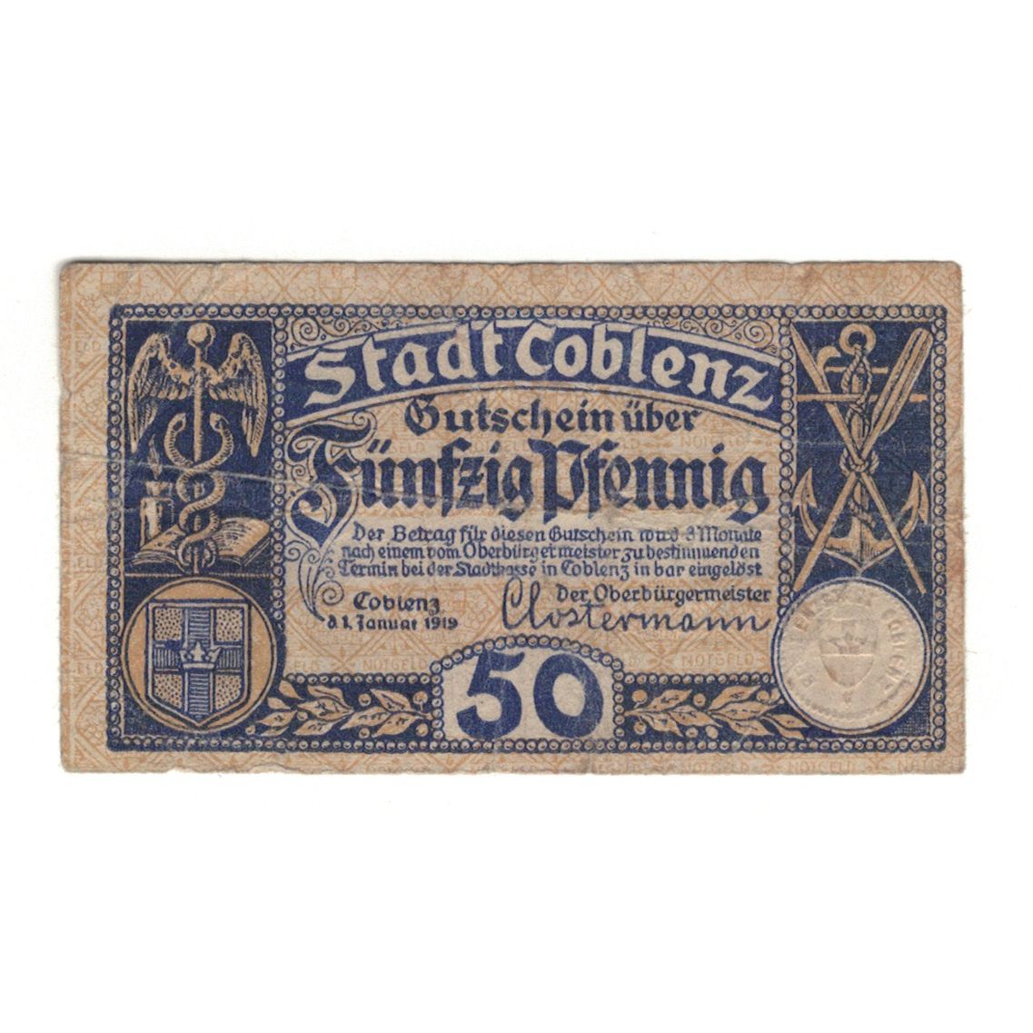 Geldschein, Deutschland, Coblenz Stadt, 50 Pfennig, valeur faciale, 1920, VZ+