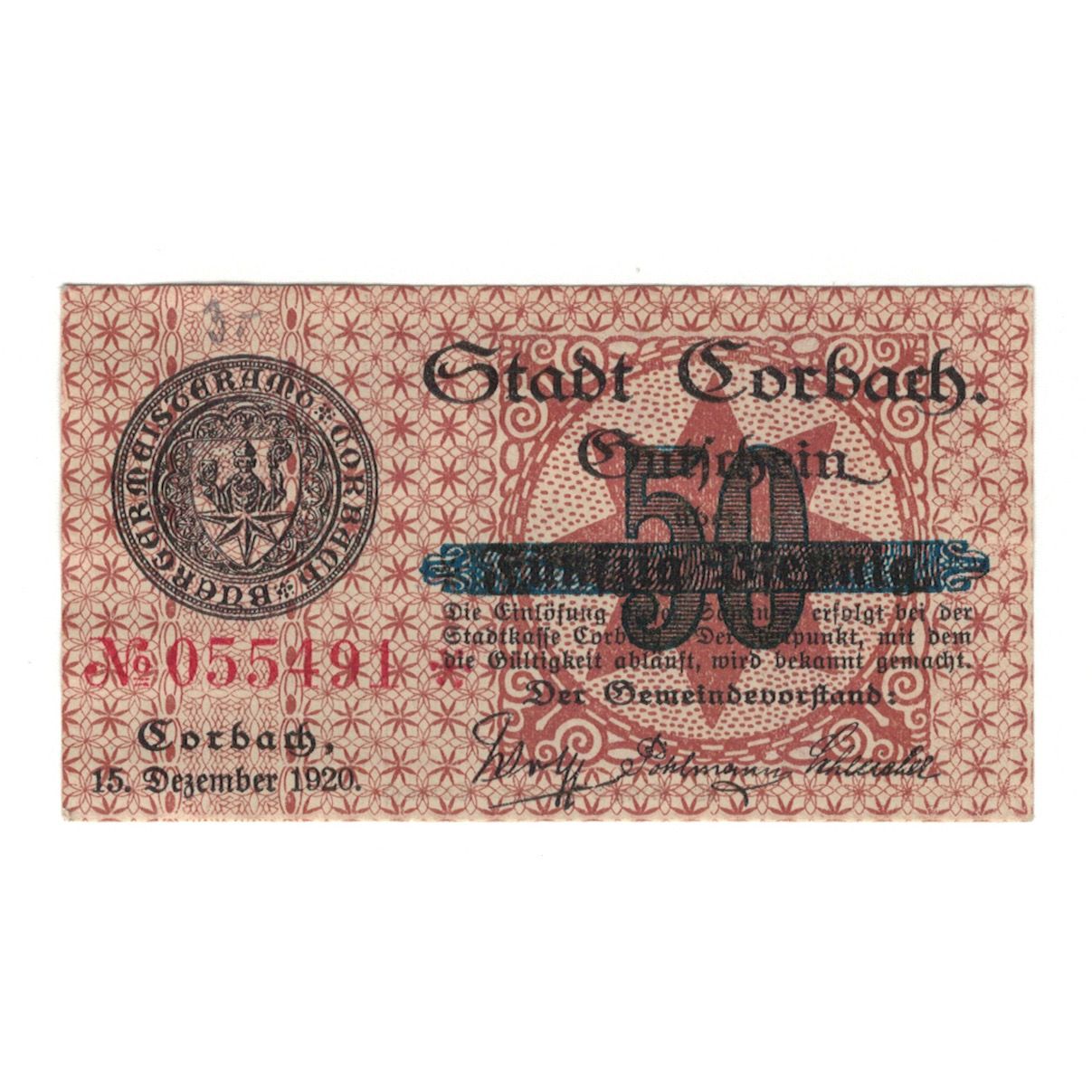 Banconote, Germania, Corbach Stadt, 50 Pfennig, valeur faciale, 1920