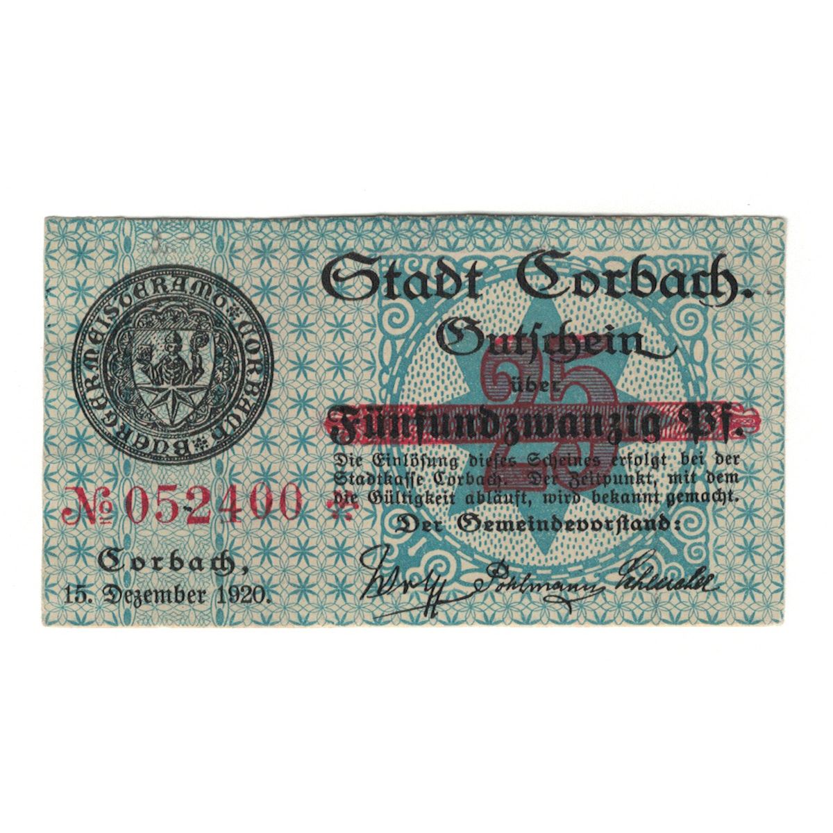 Nota, Alemanha, Corbach Stadt, 25 Pfennig, valeur faciale, 1920, 1920-12-15