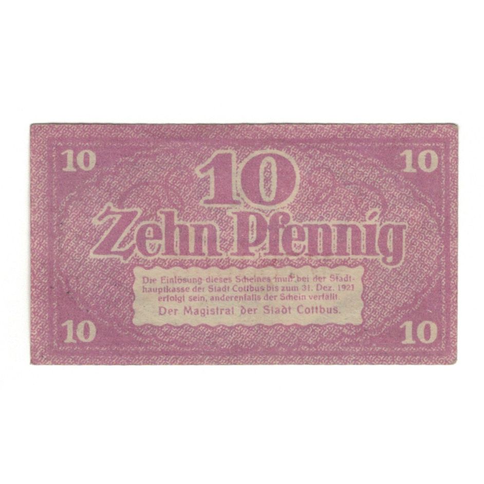 Banknot, Niemcy, Cottbus Stadt, 10 Pfennig, valeur faciale 1, 1918, 1918-12-31