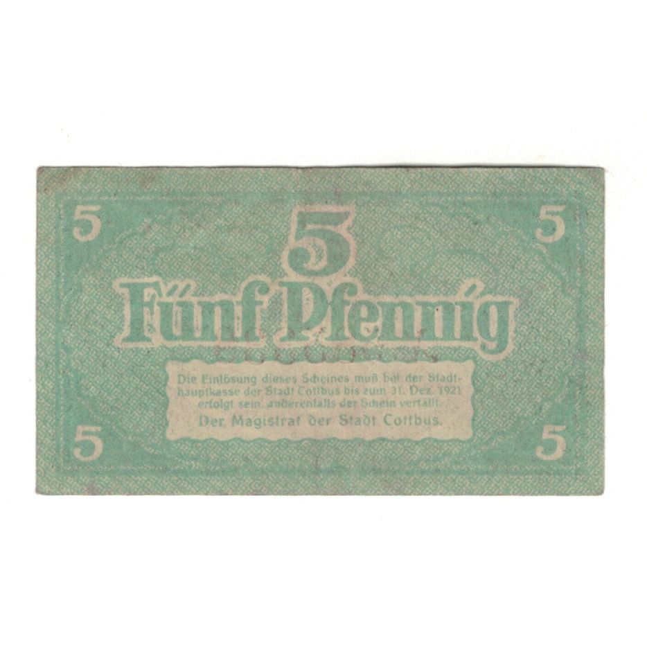 Banconote, Germania, Cottbus Stadt, 5 Pfennig, valeur faciale, 1918, 1918-12-31