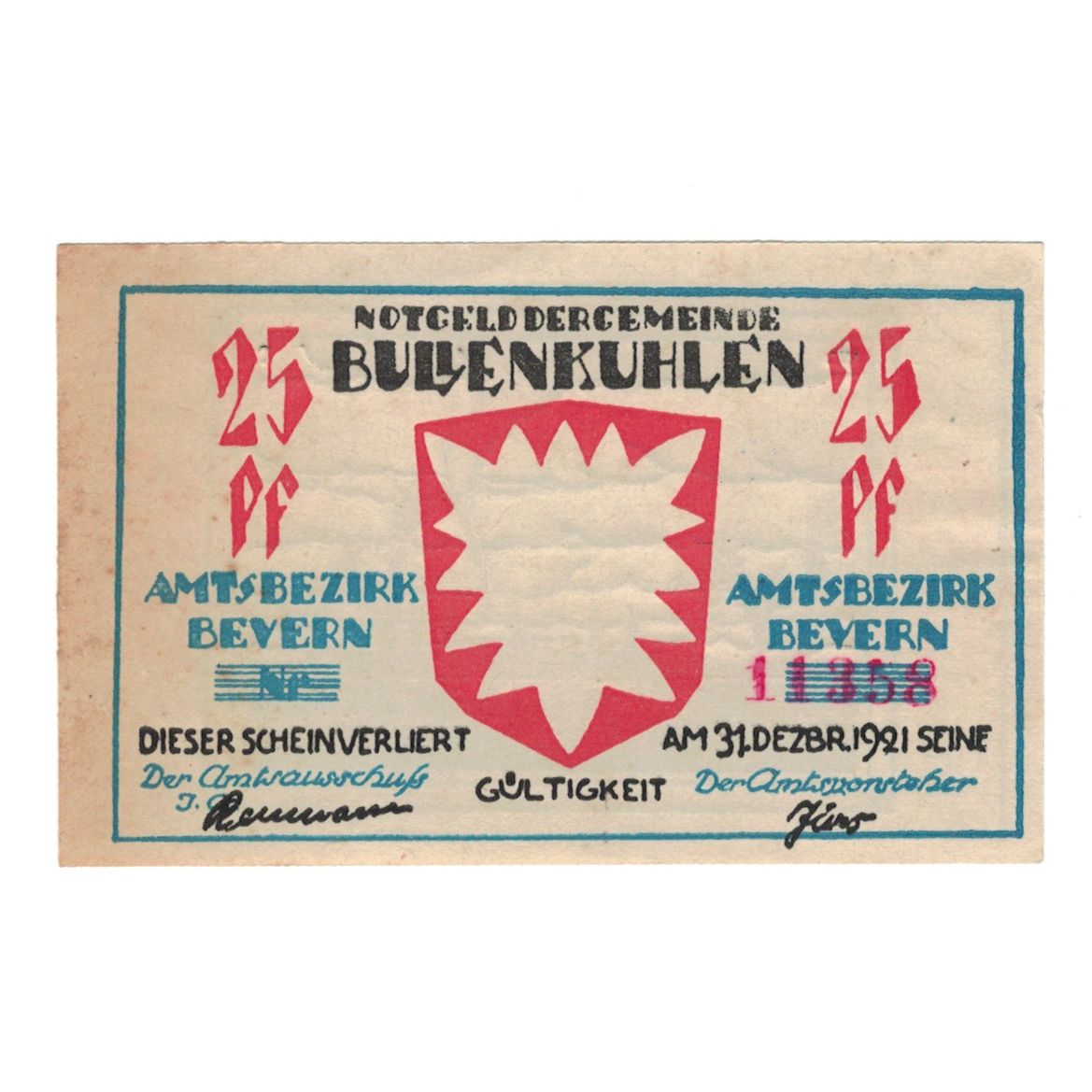 Banknot, Niemcy, Bullenkuhlen Gemeinde, 25 Pfennig, paysage, 1921, 1921-12-31