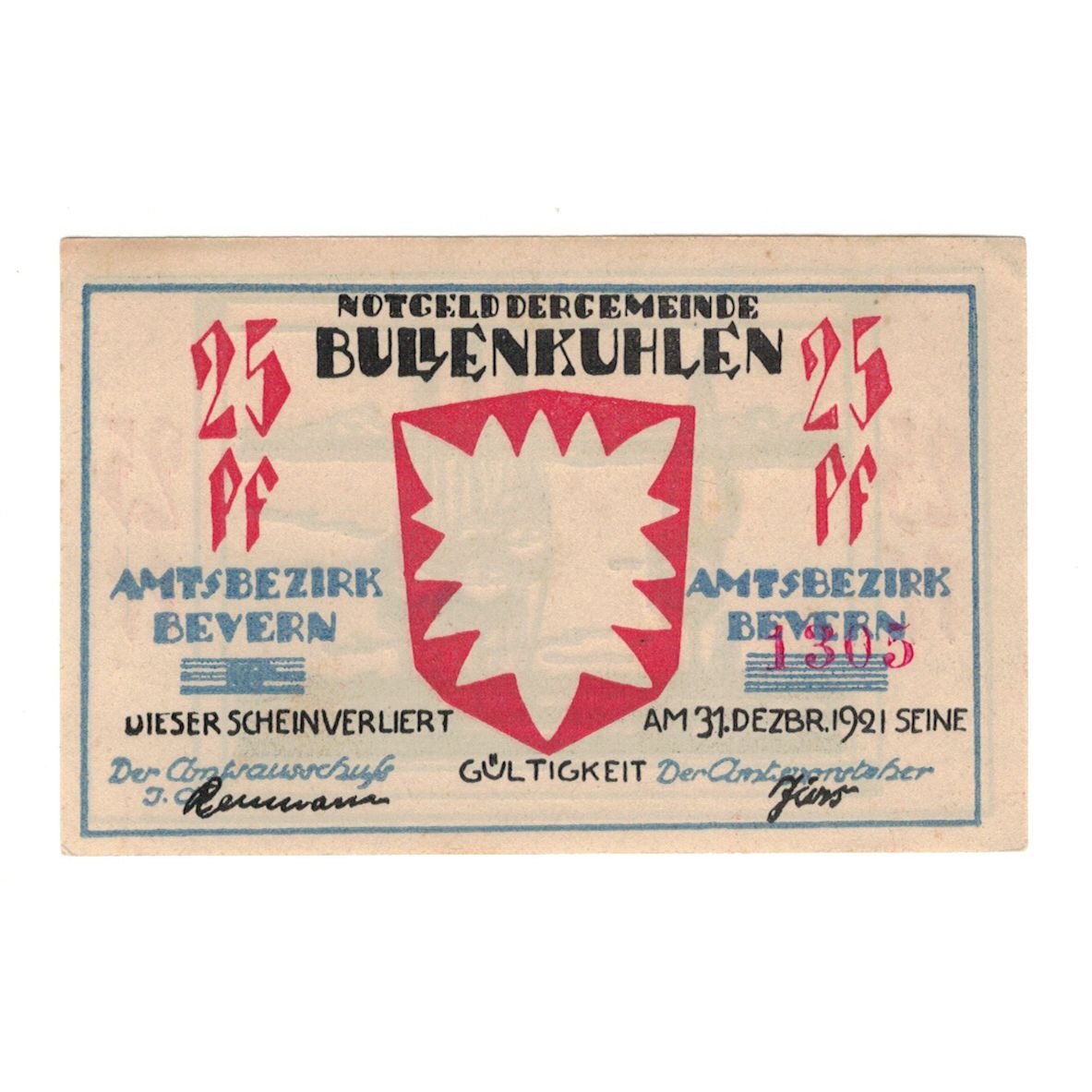 Geldschein, Deutschland, Bullenkuhlen Gemeinde, 25 Pfennig, paysage 1, 1921