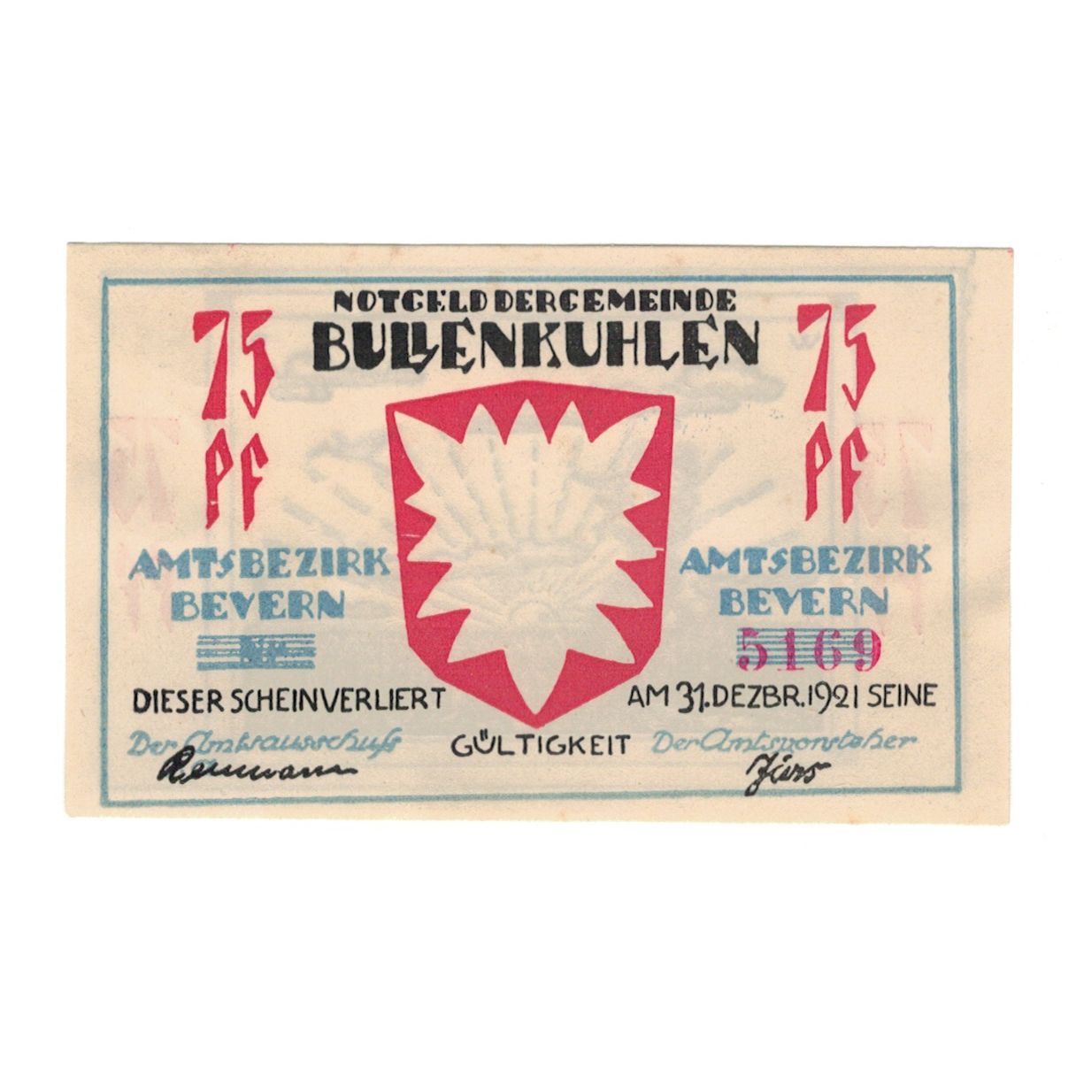 Banknot, Niemcy, Bullenkuhlen Gemeinde, 75 Pfennig, paysage, 1921, 1921-12-31