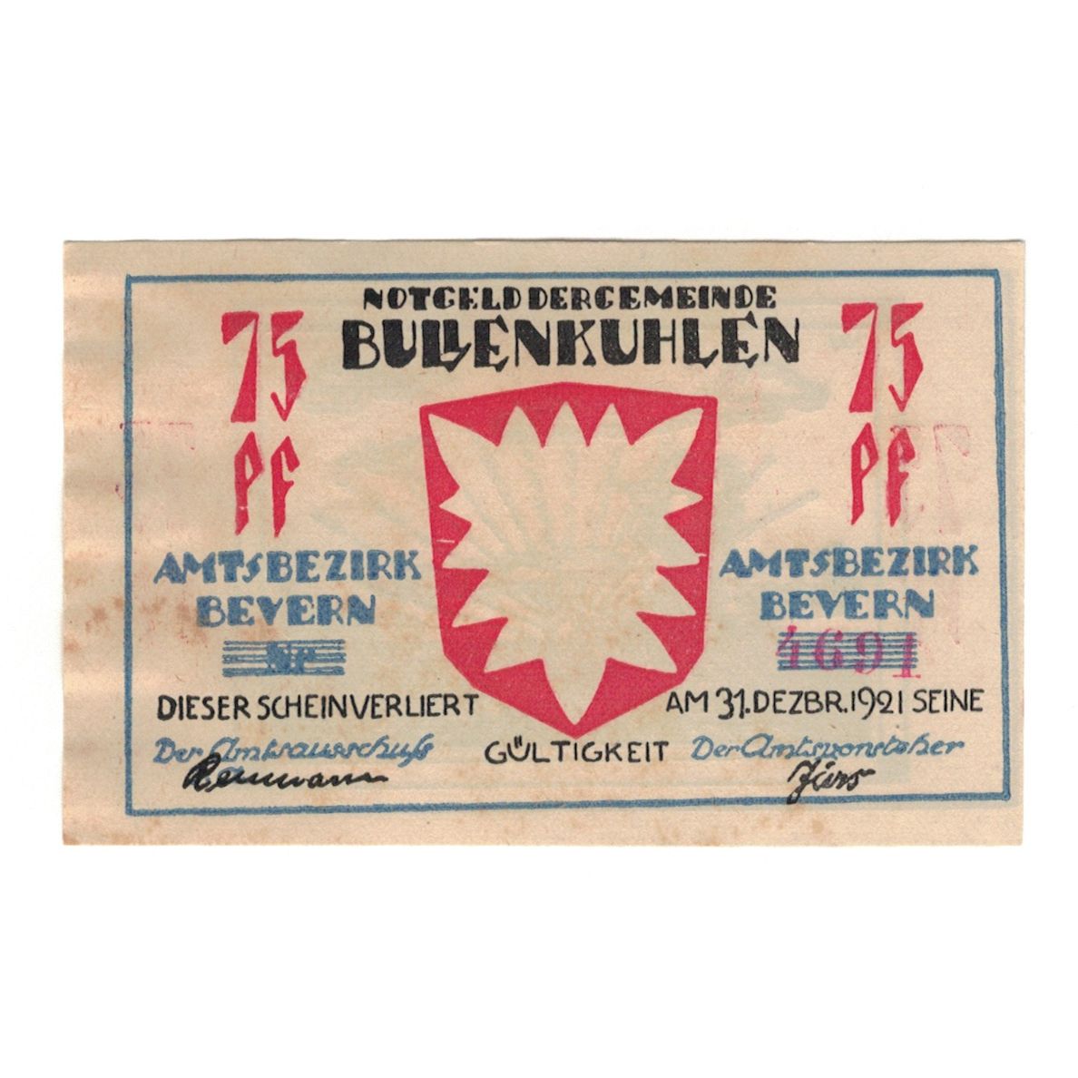 Banknot, Niemcy, Bullenkuhlen Gemeinde, 75 Pfennig, paysage 1, 1921, 1921-12-31