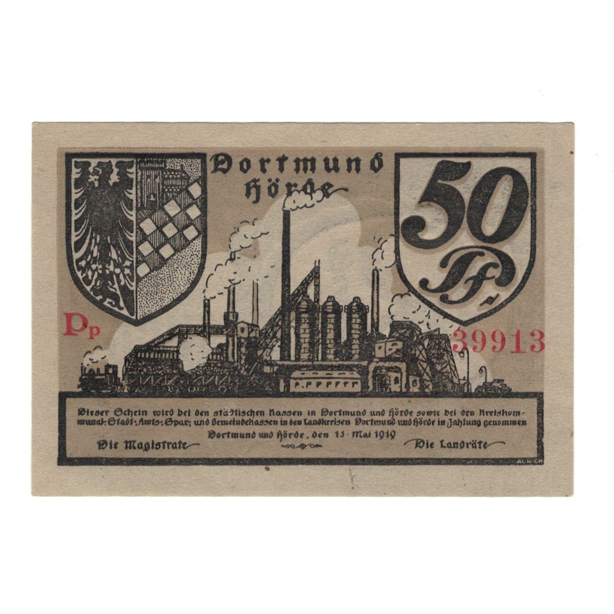 Banknot, Niemcy, Dortmund und Hörde Städte und Kreise, 50 Pfennig, Usine