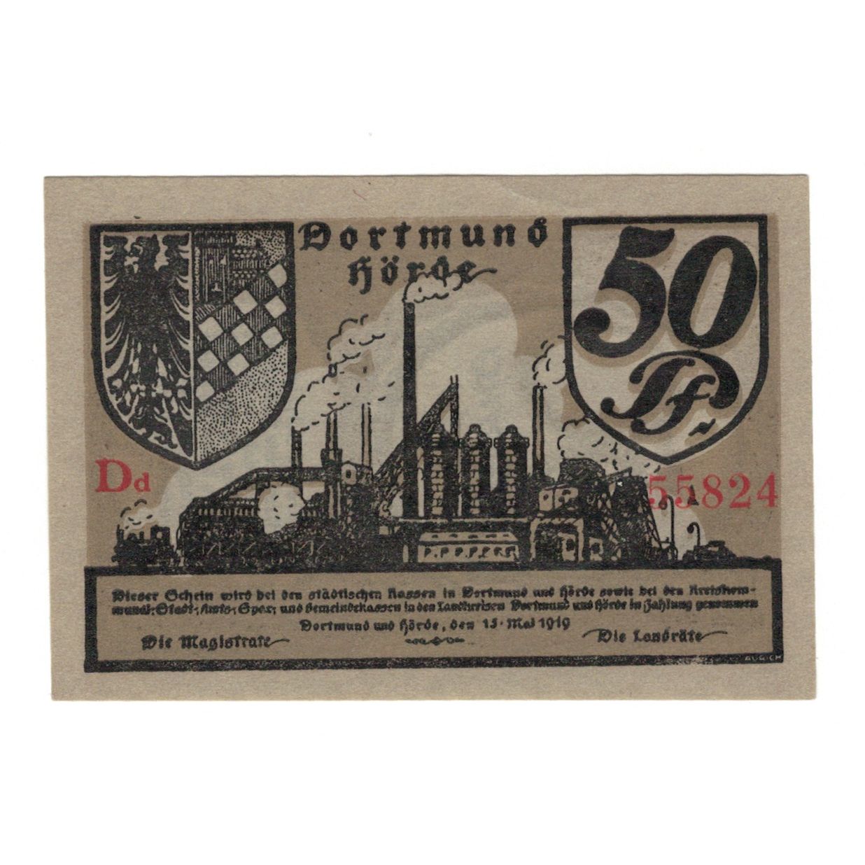 Banknot, Niemcy, Dortmund und Hörde Städte und Kreise, 50 Pfennig, Usine 1
