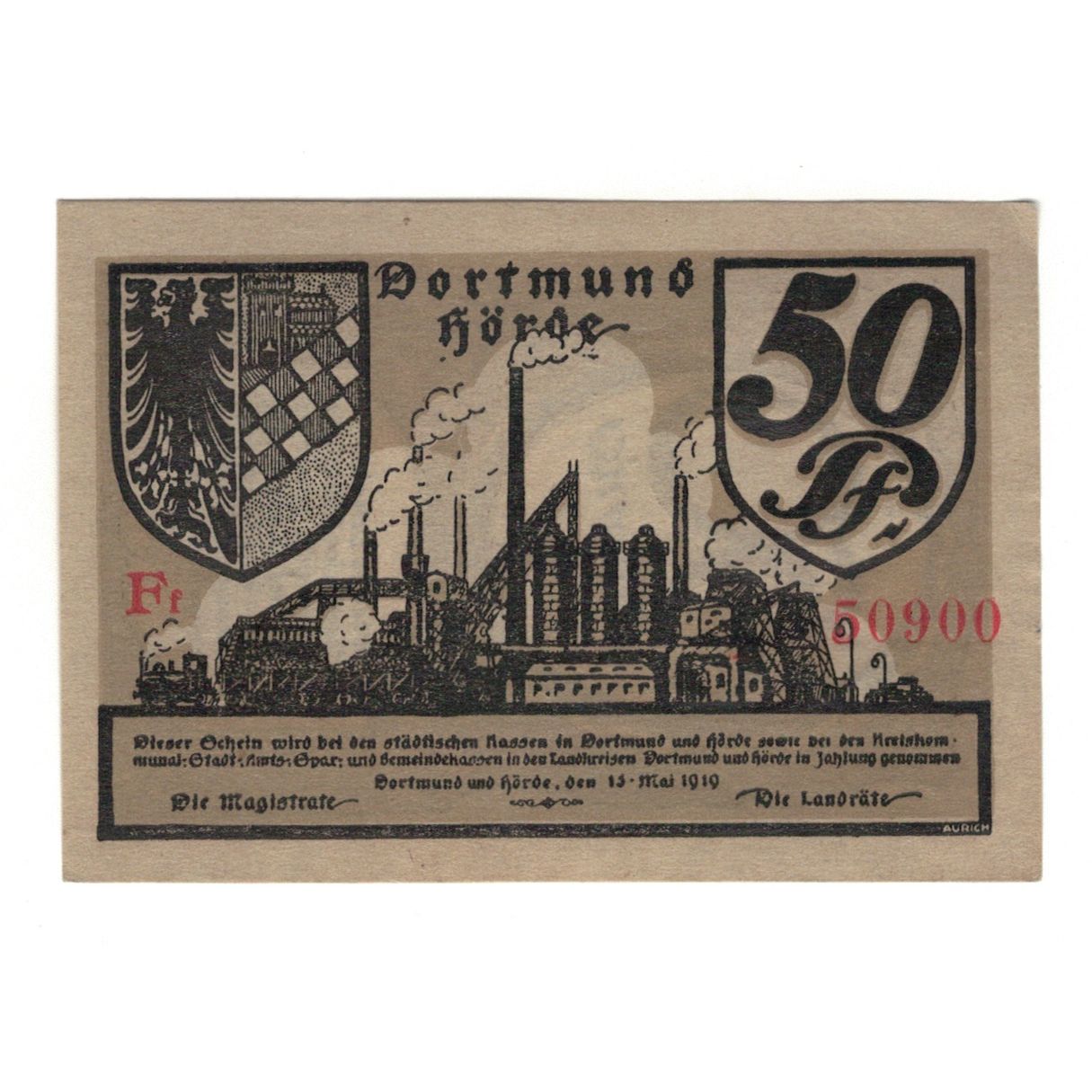 Banknot, Niemcy, Dortmund und Hörde Städte und Kreise, 50 Pfennig, Usine 2
