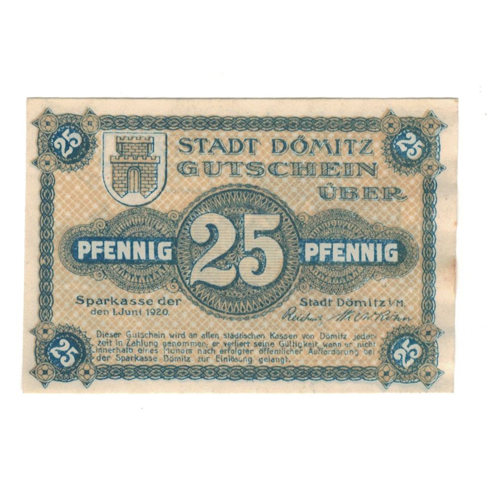 Billete, Alemania, Dömitz Sparkasse der Stadt, 25 Pfennig, valeur faciale