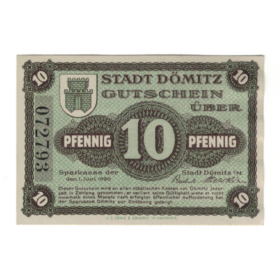 Banknot, Niemcy, Dömitz Sparkasse der Stadt, 10 Pfennig, valeur faciale, 1921