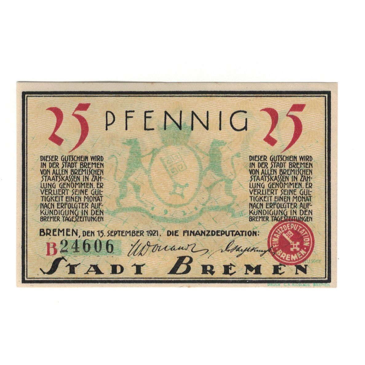 Banconote, Germania, Bremen Finanzdeputation, 25 Pfennig, village, 1921