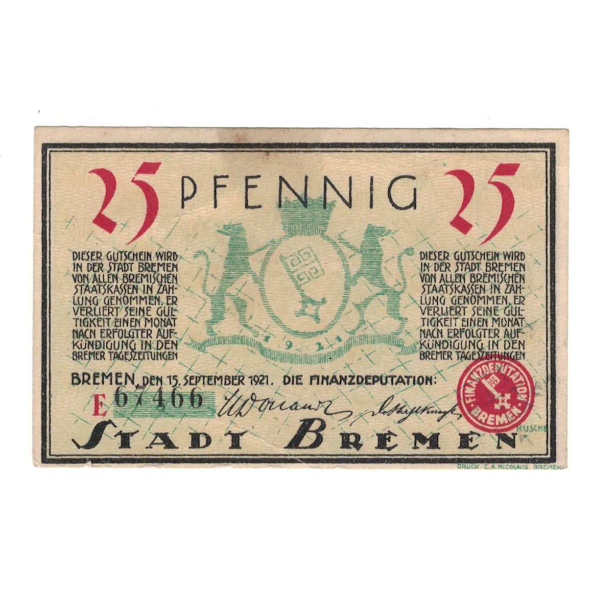 Geldschein, Deutschland, Bremen Finanzdeputation, 25 Pfennig, village 1, 1921