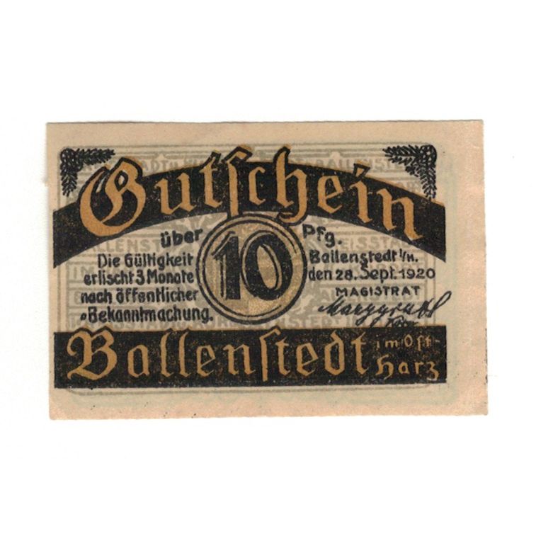 Banknot, Niemcy, Ballenstedt am Harz Stadt, 10 Pfennig, paysage, 1920