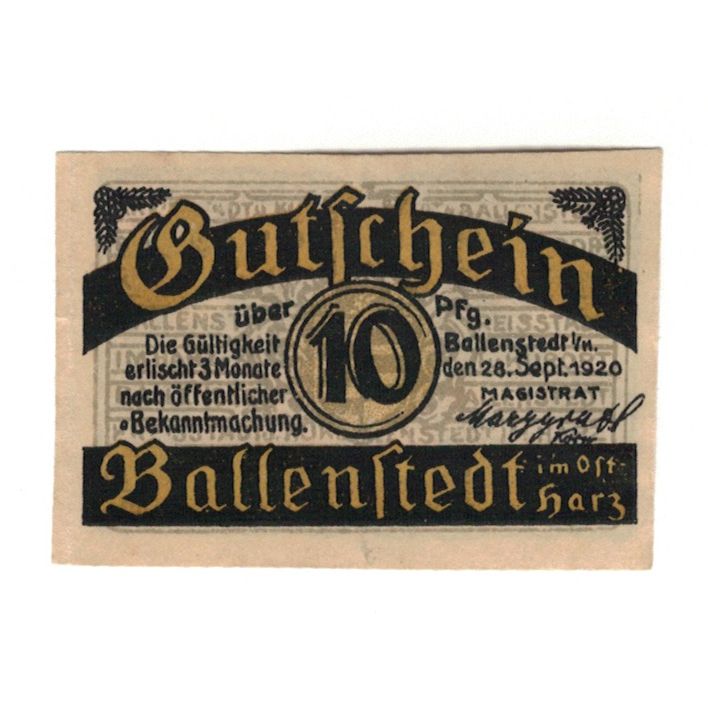 Banknot, Niemcy, Ballenstedt am Harz Stadt, 10 Pfennig, Maison, 1920