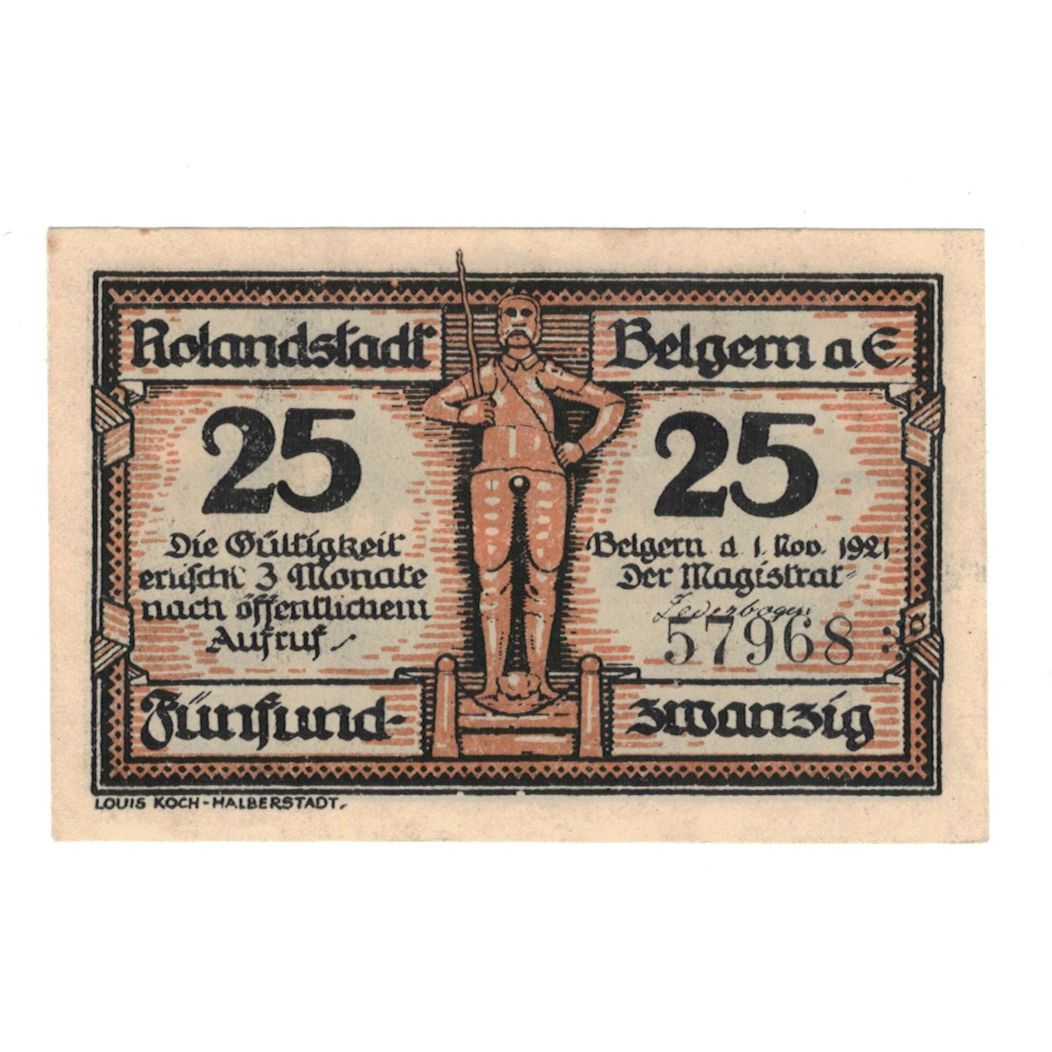Banknot, Niemcy, Belgern a. Elbe Stadt, 25 Pfennig, Monument, 1921, 1921-11-01