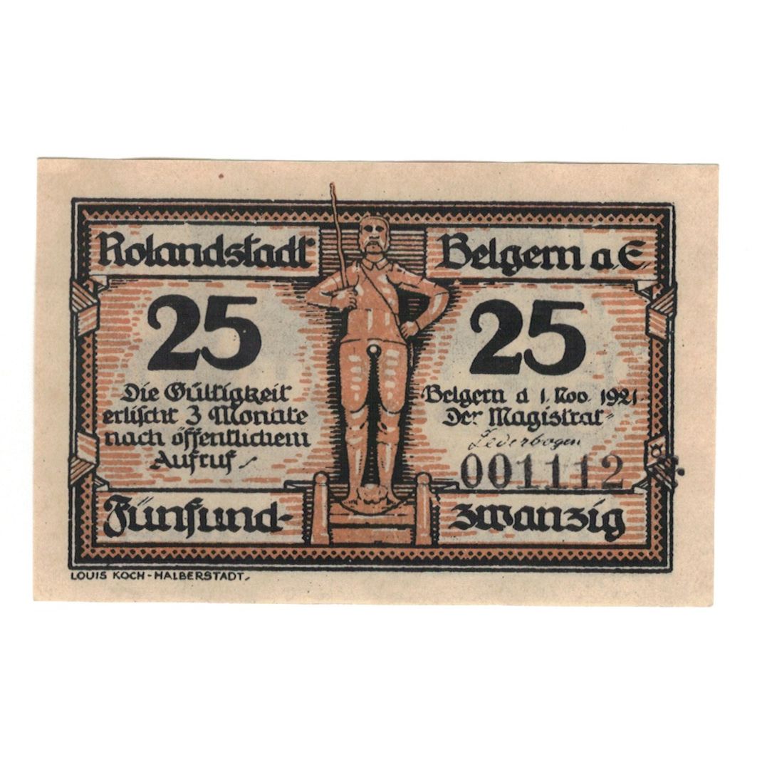 Geldschein, Deutschland, Belgern a. Elbe Stadt, 25 Pfennig, monument 1, 1921