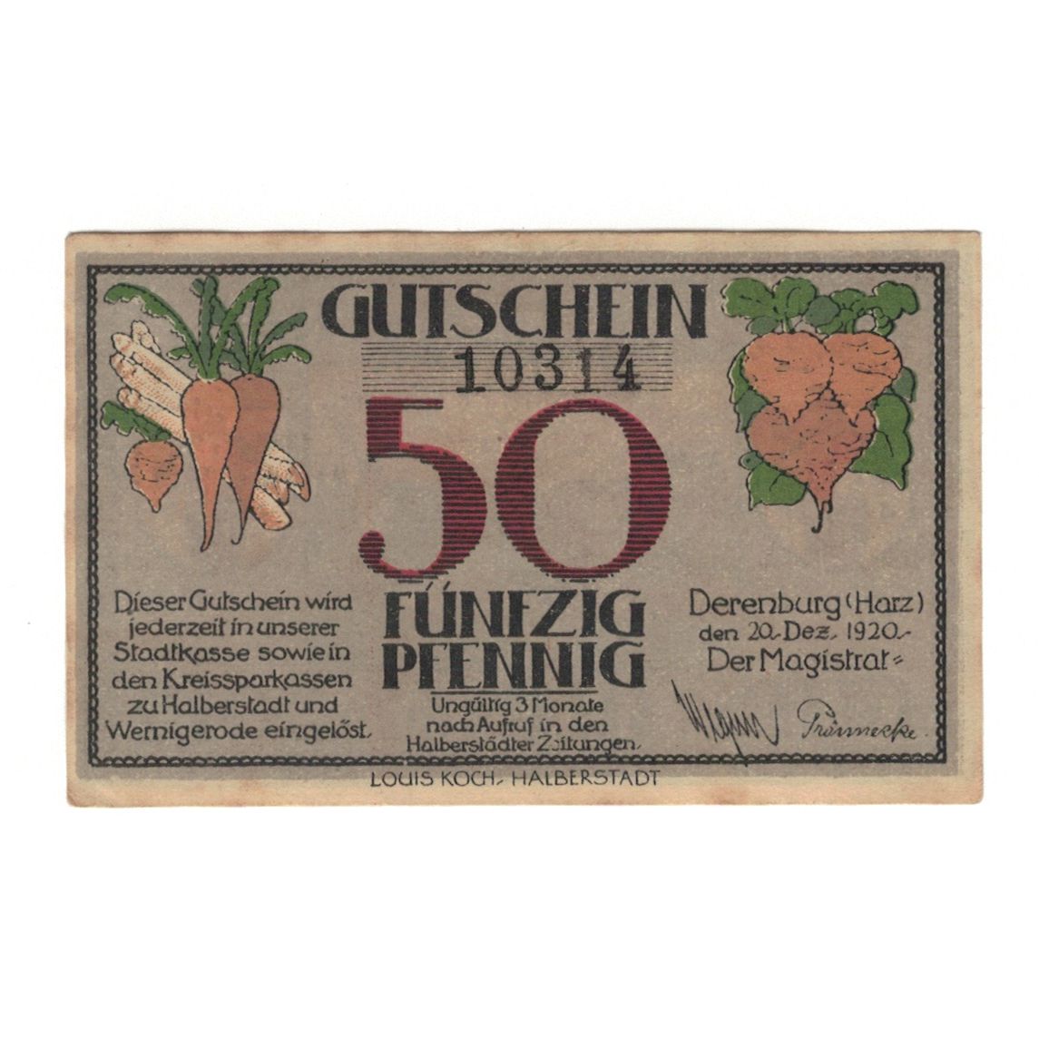 Banknot, Niemcy, Derenburg Stadt, 50 Pfennig, agriculteur, 1920, 1920-12-20