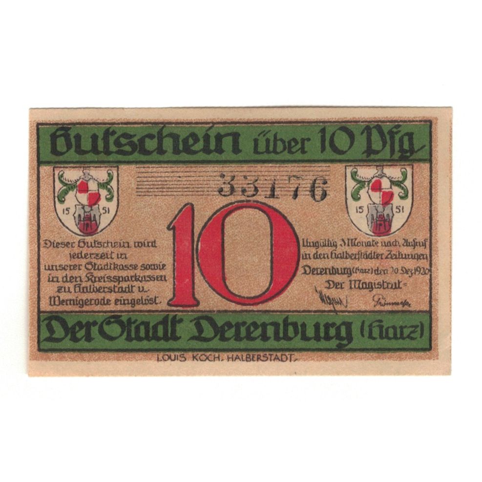 Geldschein, Deutschland, Derenburg Stadt, 10 Pfennig, paysage, 1920, 1920-12-20