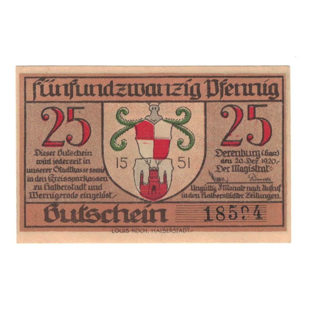Billet, Allemagne, Derenburg Stadt, 25 Pfennig, paysage, 1920, 1920-12-20, SUP+