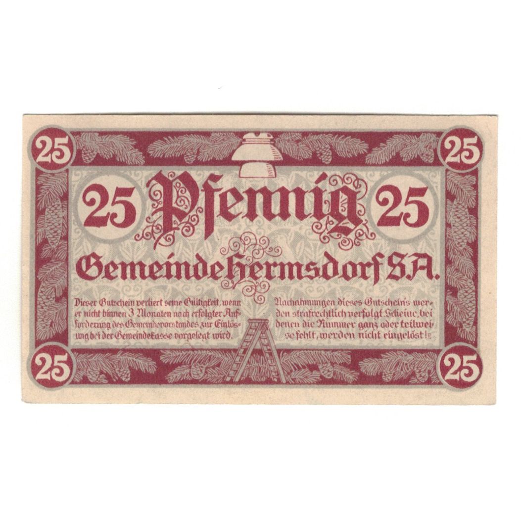 Geldschein, Deutschland, Hermsdorf Gemeinde, 25 Pfennig, valeur faciale, 1919