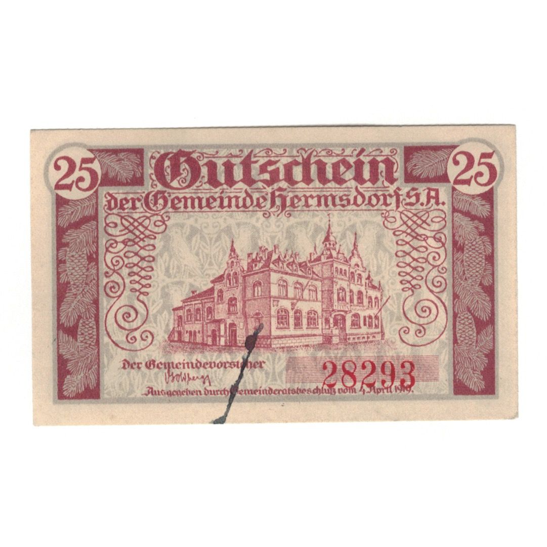 Geldschein, Deutschland, Hermsdorf Gemeinde, 25 Pfennig, valeur faciale, 1919