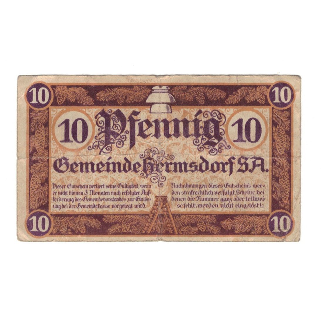Banknot, Niemcy, Hermsdorf Gemeinde, 10 Pfennig, valeur faciale, 1919