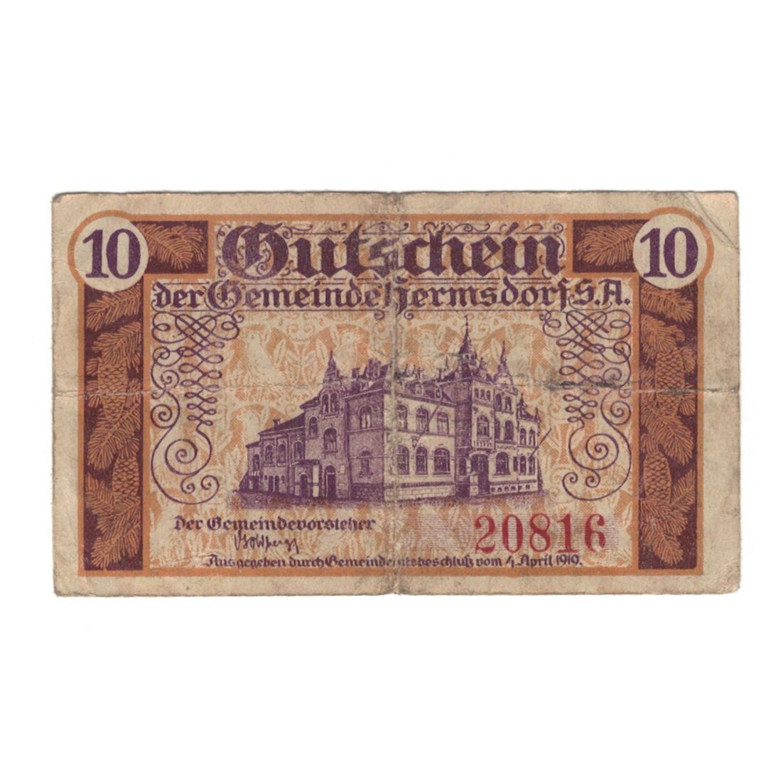 Banknot, Niemcy, Hermsdorf Gemeinde, 10 Pfennig, valeur faciale, 1919