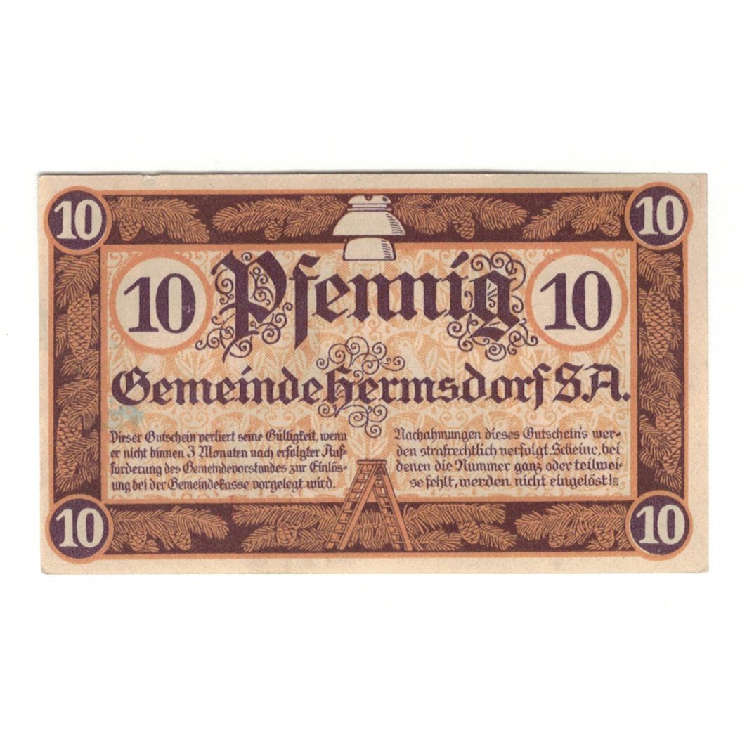 Banknot, Niemcy, Hermsdorf Gemeinde, 10 Pfennig, valeur faciale 1, 1919