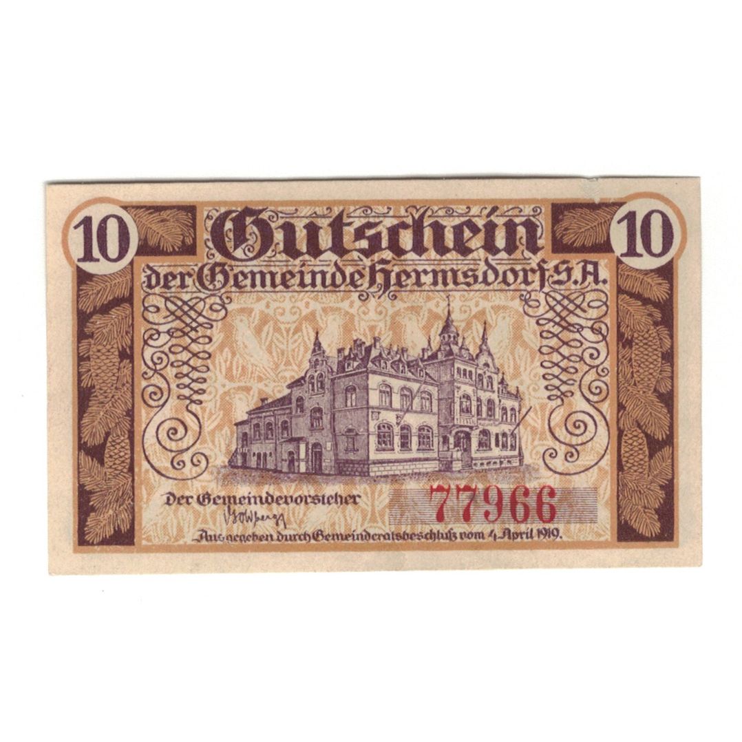 Banknot, Niemcy, Hermsdorf Gemeinde, 10 Pfennig, valeur faciale 1, 1919