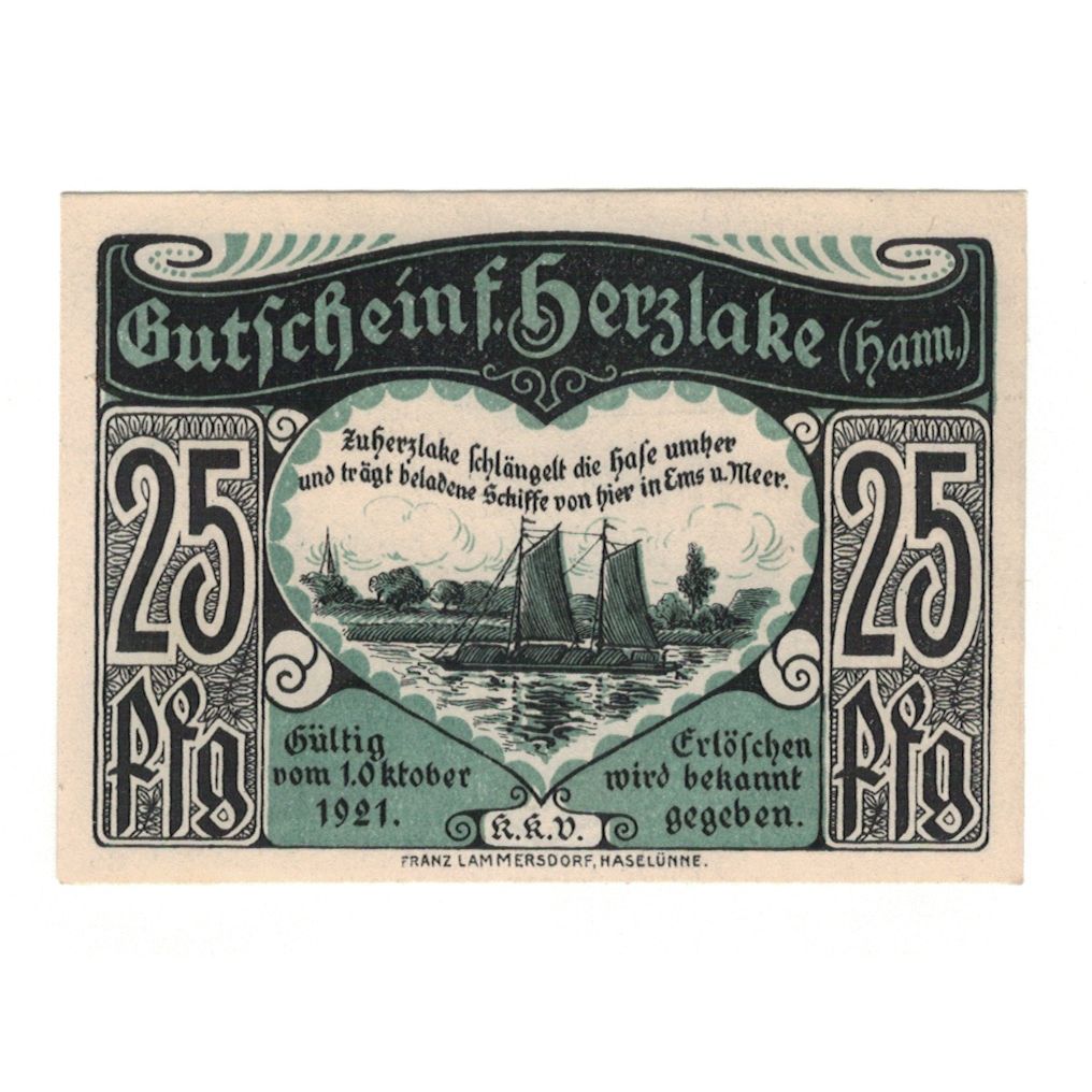 Geldschein, Deutschland, Herzlake K.K.V., 25 Pfennig, bateau, 1921, 1921-10-01