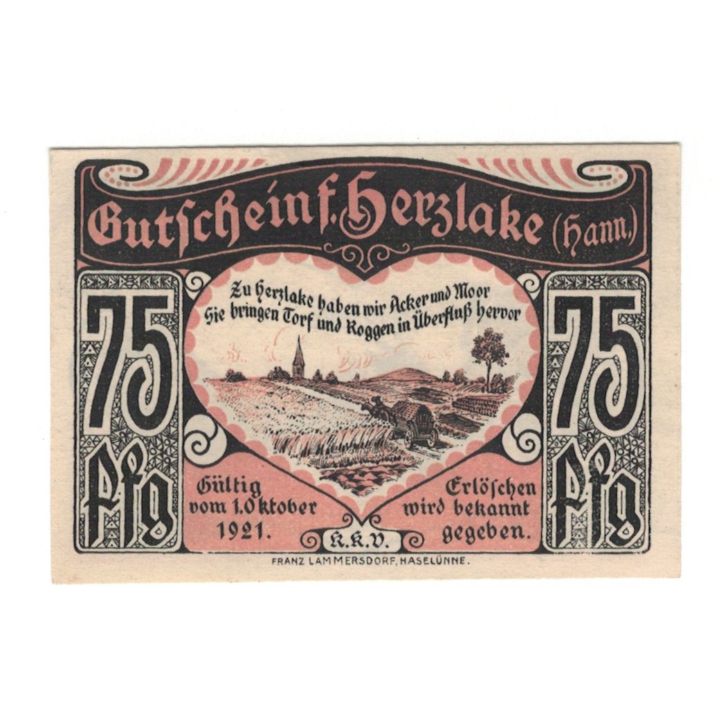 Banknot, Niemcy, Herzlake K.K.V., 75 Pfennig, champs, 1921, 1921-10-01