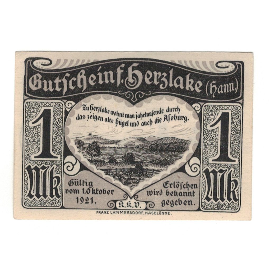 Banconote, Germania, Herzlake K.K.V., 1 Mark, champs, 1921, 1921-10-01, SPL