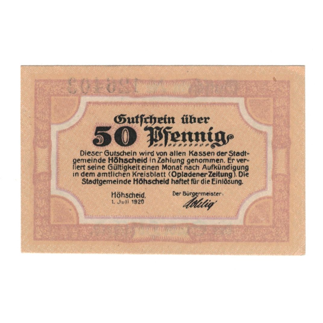 Banknot, Niemcy, Höhscheid Stadt, 50 Pfennig, valeur faciale, 1919, 1919-11-01