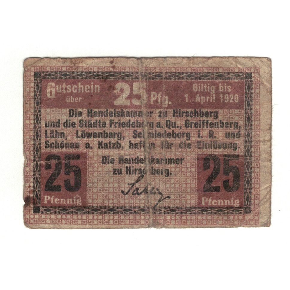 Banknot, Niemcy, Hirschberg i. Schles Stadt, 25 Pfennig, valeur faciale, 1920
