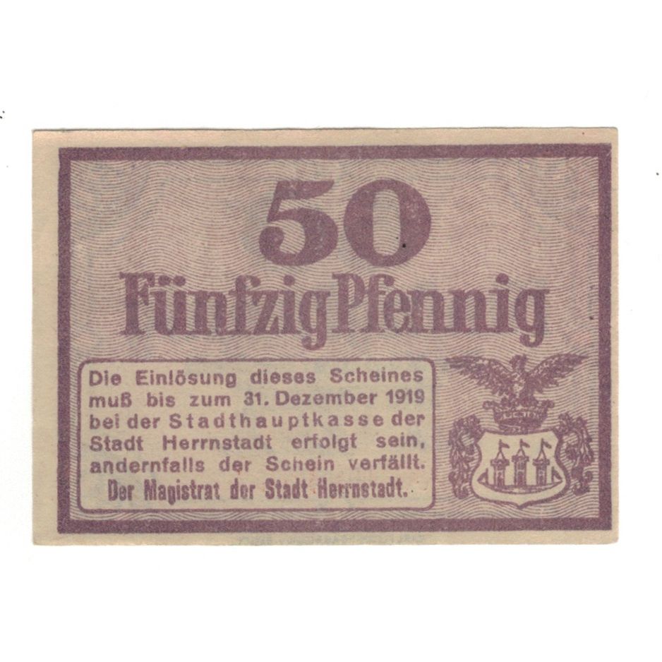 Banknot, Niemcy, Herrnstadt Stadt, 50 Pfennig, valeur faciale, 1919, 1919-12-31