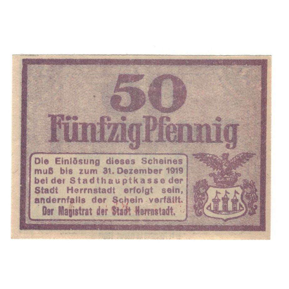 Geldschein, Deutschland, Herrnstadt Stadt, 50 Pfennig, valeur faciale 1, 1919