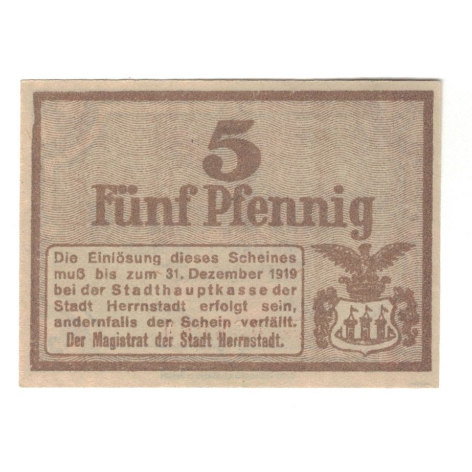 Geldschein, Deutschland, Herrnstadt Stadt, 5 Pfennig, valeur faciale, 1919