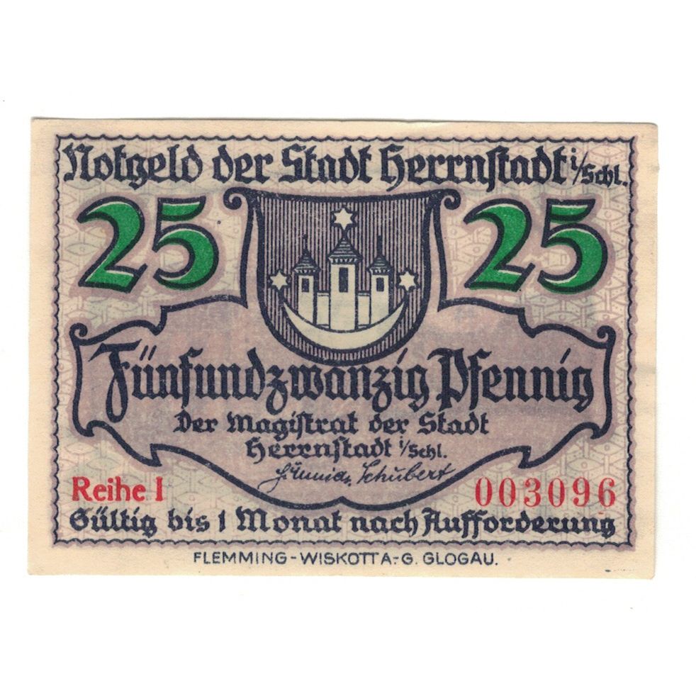 Banconote, Germania, Herrnstadt Stadt, 25 Pfennig, valeur faciale, 1920, Undated
