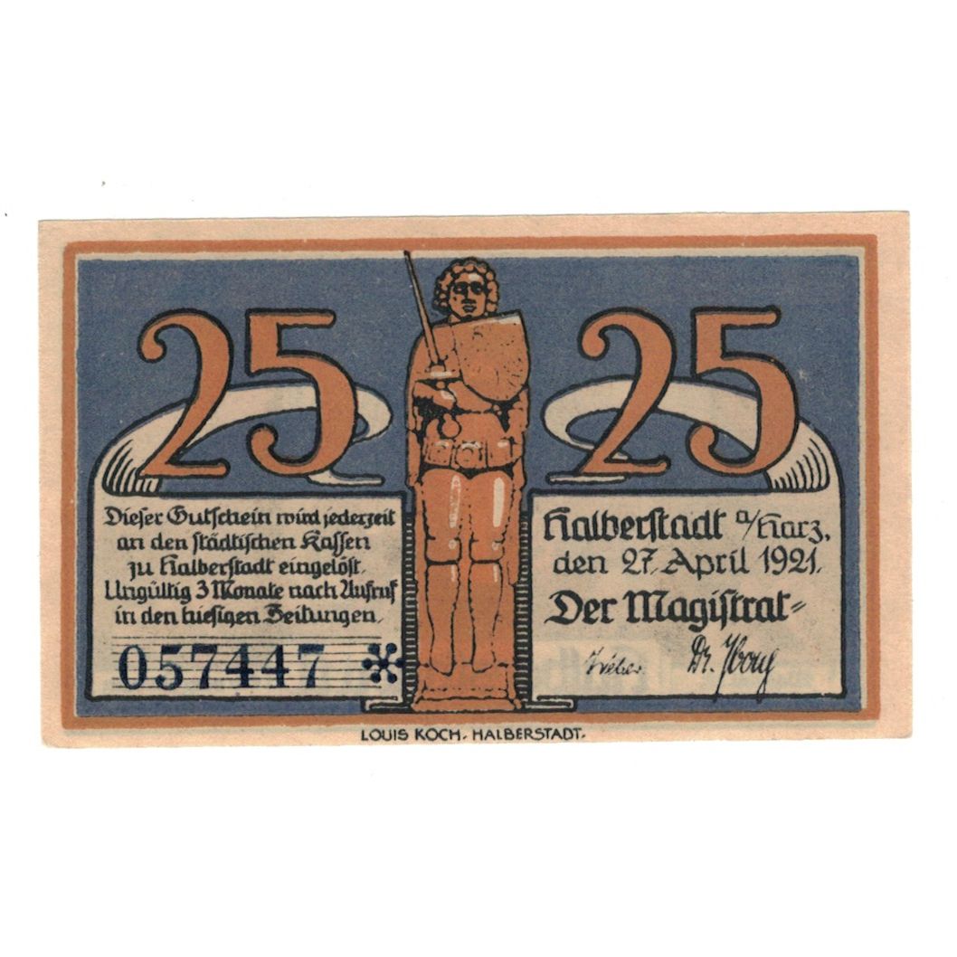 Banknot, Niemcy, Halberstadt Stadt, 25 Pfennig, personnage, 1921, 1921-04-27