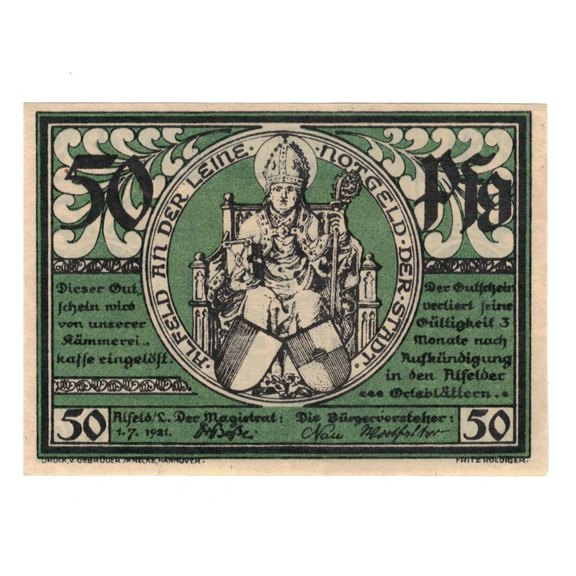 Geldschein, Deutschland, Alfeld, 50 Pfennig, batiment 1, 1921, 1921-07-01, UNZ-