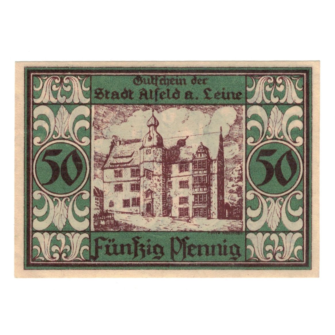 Geldschein, Deutschland, Alfeld, 50 Pfennig, batiment 1, 1921, 1921-07-01, UNZ-