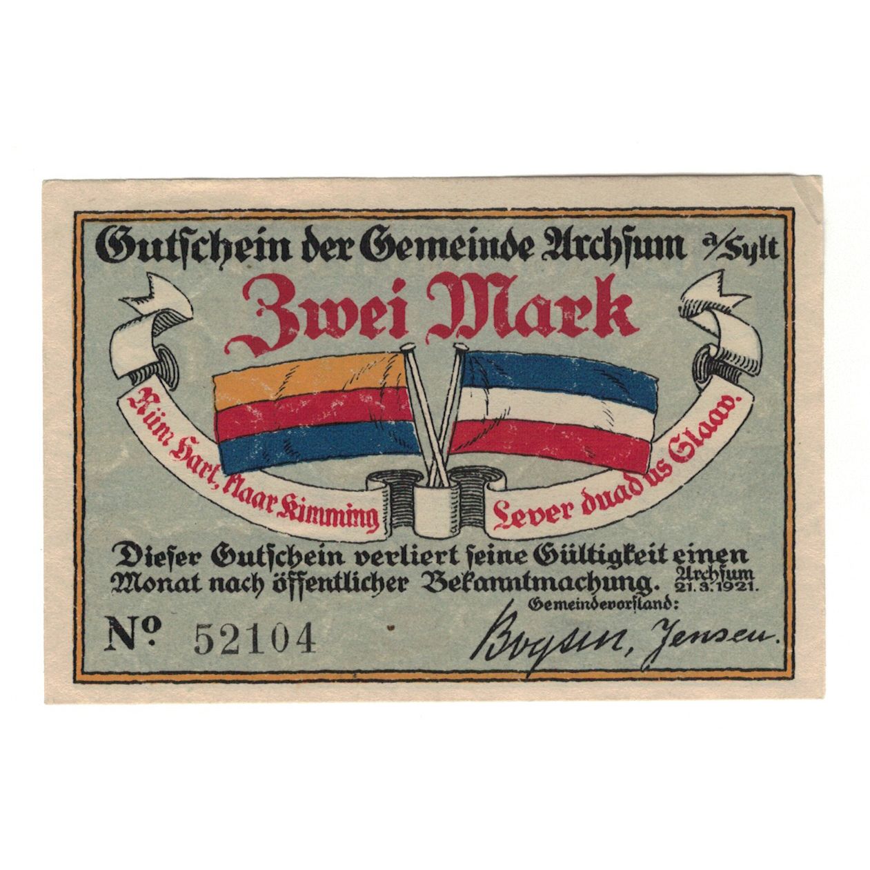 Banknot, Niemcy, Archsum, 2 Mark, drapeau, 1921, 1921-03-21, UNC(65-70)