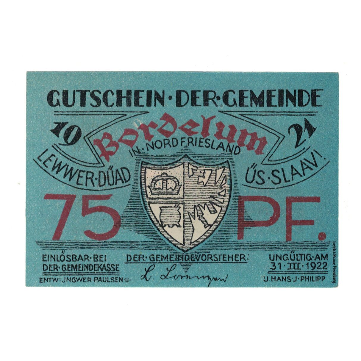 Banknot, Niemcy, Bordelum Gemeinde, 75 Pfennig, Blason, 1921, 1922-03-31