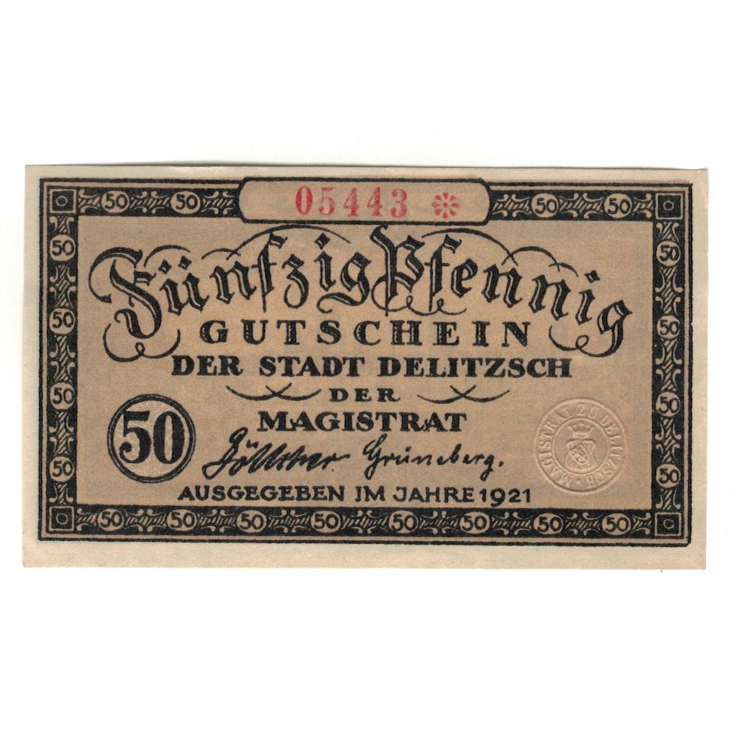Banconote, Germania, Delitzsch Stadt, 50 Pfennig, paysage, 1919, 1919-08-15