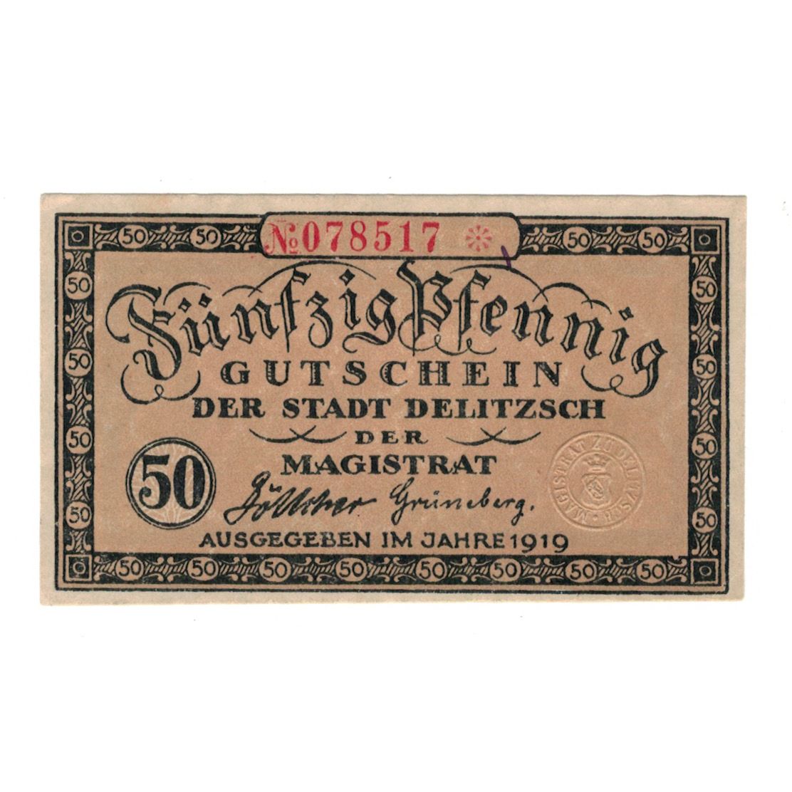 Banknot, Niemcy, Delitzsch Stadt, 50 Pfennig, paysage 1, 1919, 1919-08-15