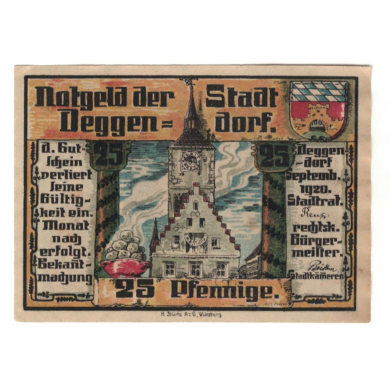 Banknot, Niemcy, Deggendorf Stadt, 25 Pfennig, paysage, 1920, AU(55-58)