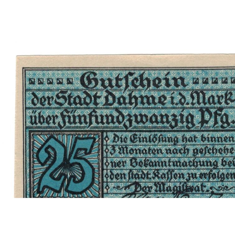 Banknot, Niemcy, Dahme Stadt, 25 Pfennig, Batiment, 1920, AU(55-58), Mehl:D1.1